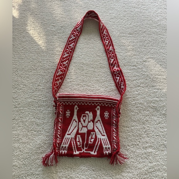 Mexican Tenango Embroidery Handcrafted Reversible Shoulder Bag Red Ivory W/Frill - Picture 4 of 10